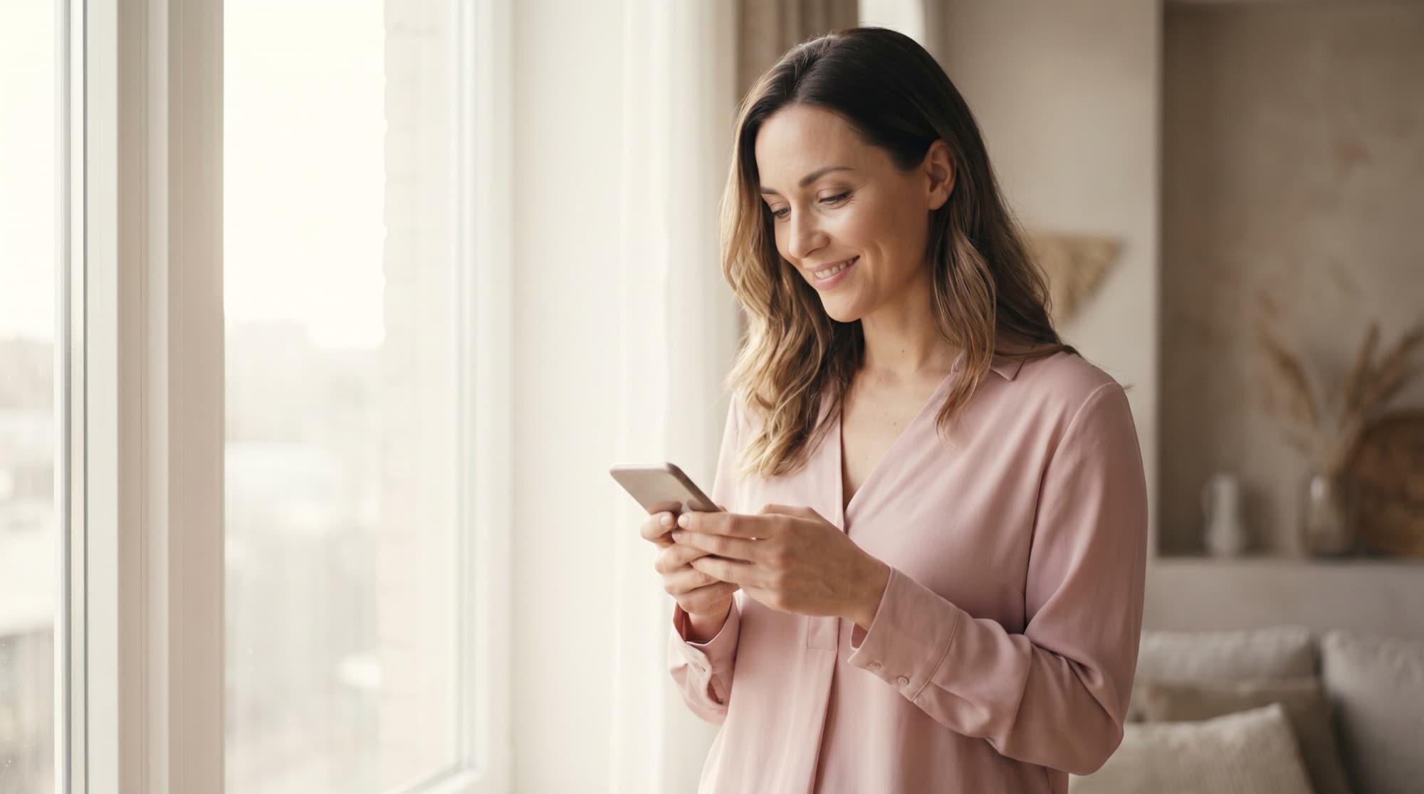 Frau zu Hause am Fenster, lächelt auf ihr Smartphone