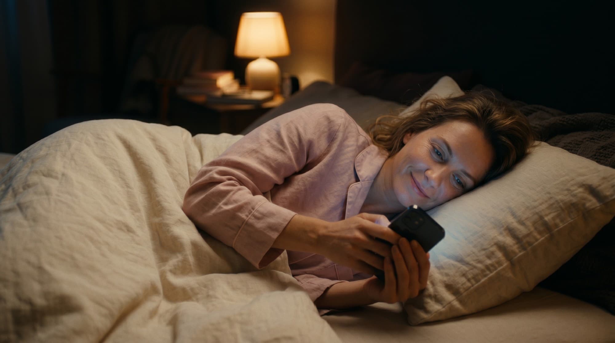 Frau abends im Bett, liest entspannt auf dem Smartphone