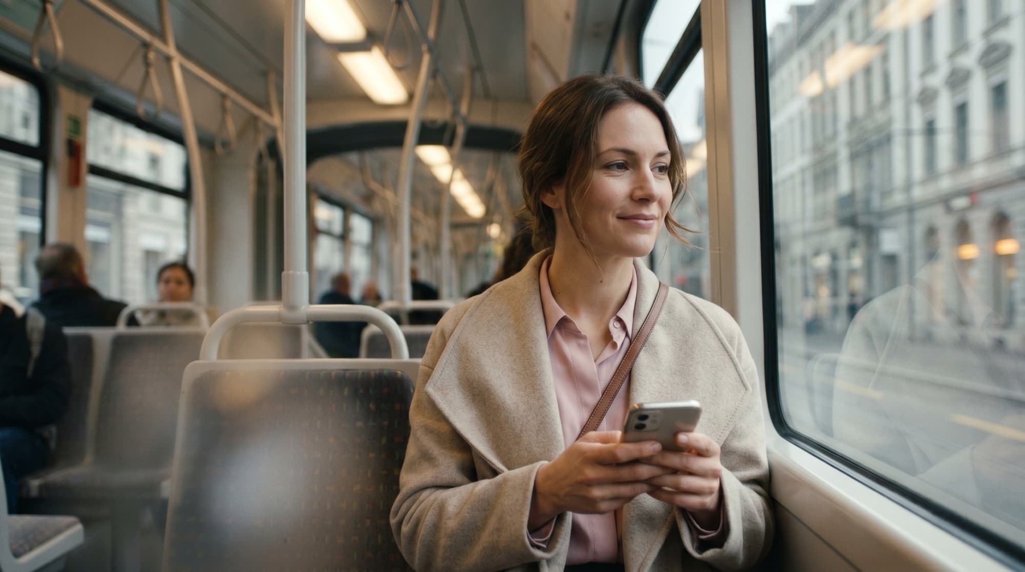 Frau im Tram, Smartphone in der Hand, blickt nach draussen
